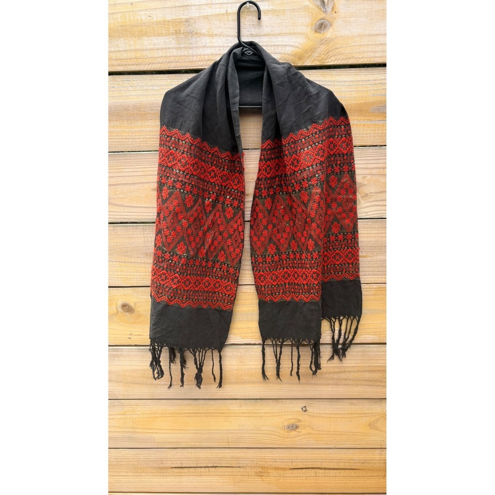 Black Red Geometric Woven Fringe Scarf Tribal Ethnic Embroidered Shawl Wrap